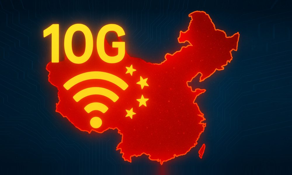A world map highlighting China, with network connections radiating outwards and cybersecurity icons positioned at key connection points.