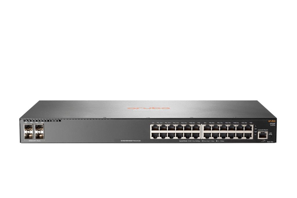 Cisco Meraki MS250 and Aruba 2930F switches installed in a network rack, demonstrating real-world cloud-managed deployment.