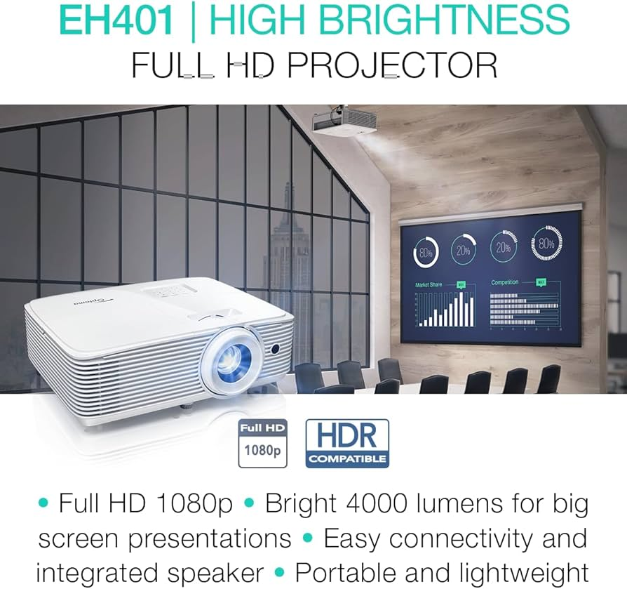 Close-up of the Optoma EH401 projector with a sharp, high-contrast image.