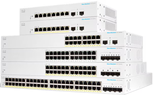 Cisco CBS220-24T-4G smart switch on a rack in a modern office, supporting SMB network infrastructure.