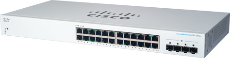 Close-up of Cisco CBS220-24T-4G smart switch ports, highlighting Gigabit Ethernet and SFP uplinks for SMB connectivity.