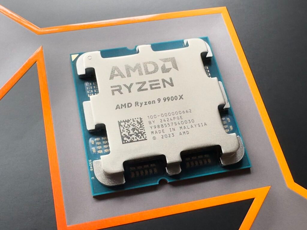 A high-performance PC build featuring an AMD Ryzen 9 9900X processor, emphasizing the CPU socket area.