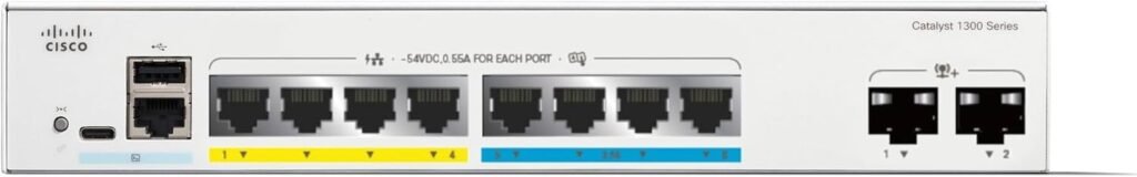 Close-up of Cisco C1300-8MGP-2X's 10G SFP+ ports with fiber optic connections