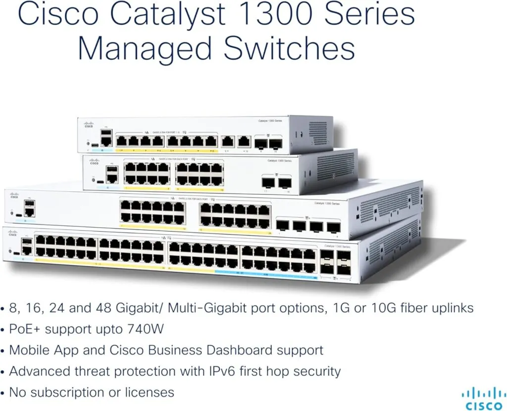Cisco C1300-16P-2G Installed in a Server Rack for Business Use