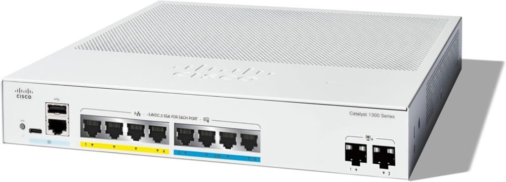 Rack-mounted installation of Cisco C1300-8MGP-2X in a small business network cabinet