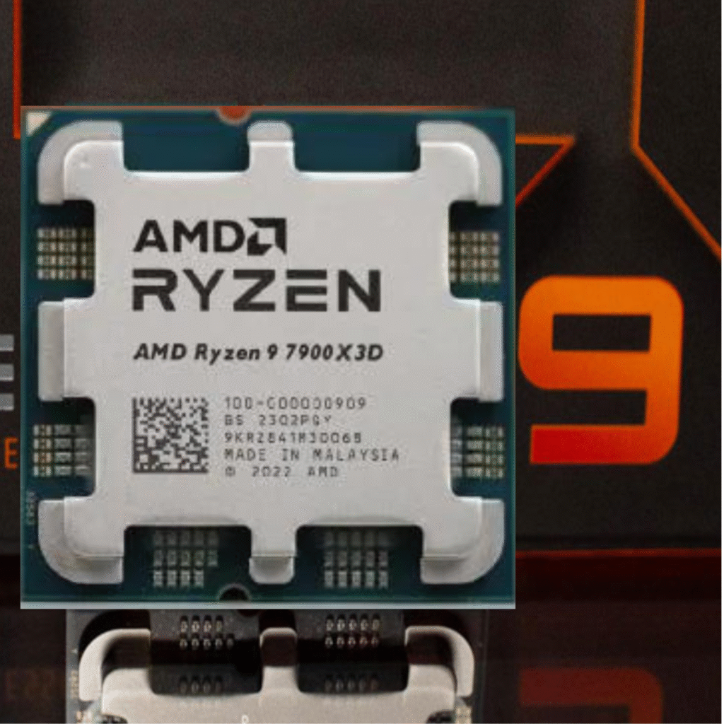 Close-up of the AMD Ryzen 9 7900X CPU with Zen 4 architecture details
