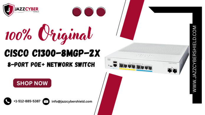 Front view of Cisco C1300-8MGP-2X PoE+ switch showing 8 Ethernet ports and status lights