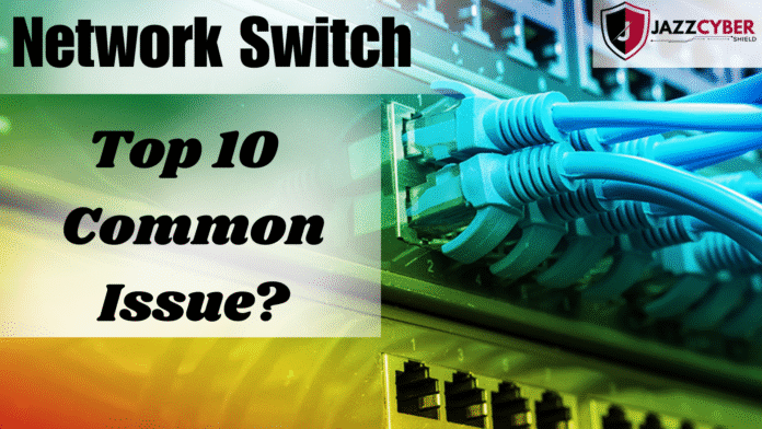 Network switch with flashing LED lights showing active connections and potential errors