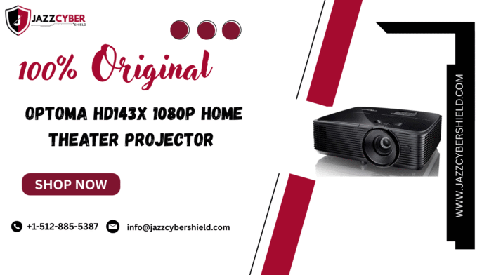 Optoma HD143X full HD home theater projector on shelf