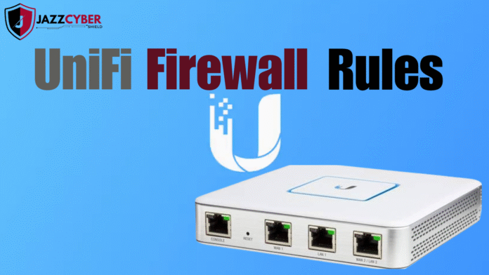 A digital illustration of a UniFi firewall interface on a laptop screen, showing rule configuration options with icons for network security, such as a padlock and shield, in a home office setting.