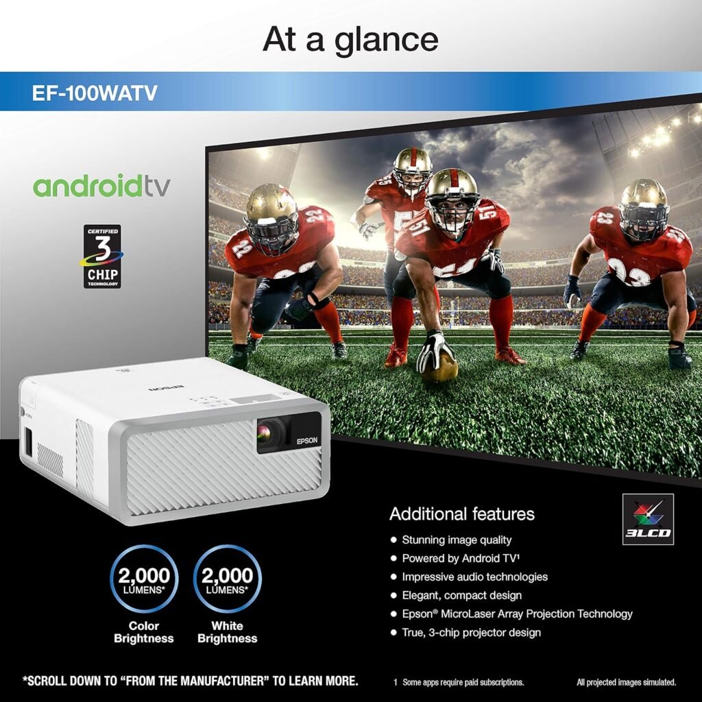 Epson EF-100 displaying smart TV apps on a projection screen