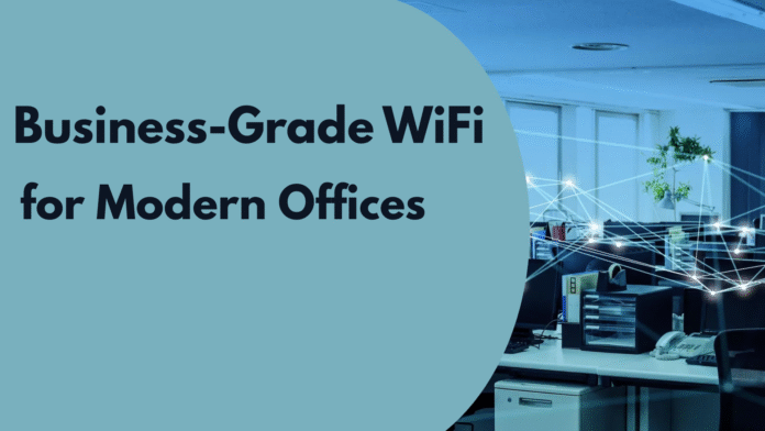 Business professionals using high-speed WiFi in a modern office