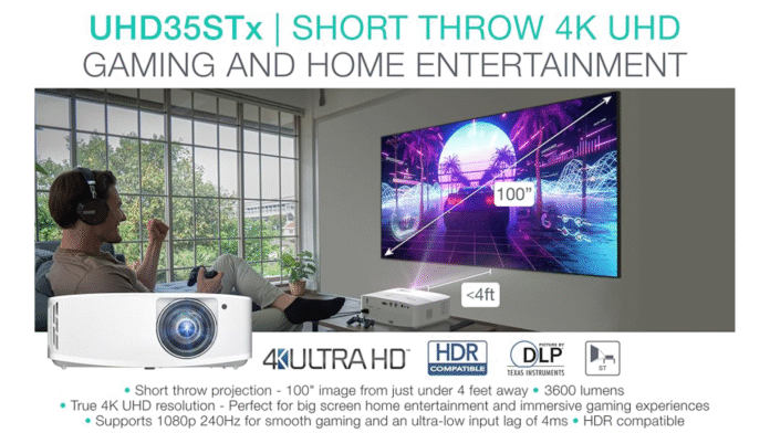 Optoma UHD35STx 4K UHD Short Throw Projector in modern home theater setup