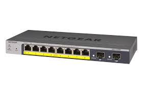 Netgear GS308P 8-port PoE switch powering security cameras and phones