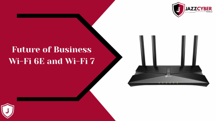 Future of Business Wi-Fi Wi-Fi 6E and Wi-Fi 7 for Workplaces Modern office workplace with futuristic Wi-Fi 6E and Wi-Fi 7 technology enabling fast, secure, and reliable business internet.