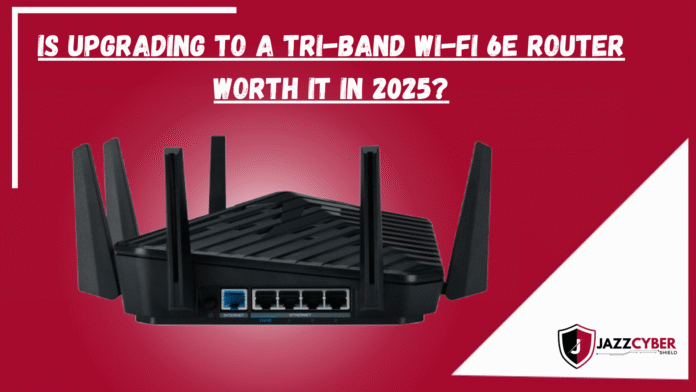 Modern Tri-Band Wi-Fi 6E router showcasing 2.4 GHz, 5 GHz, and 6 GHz wireless bands with futuristic digital background