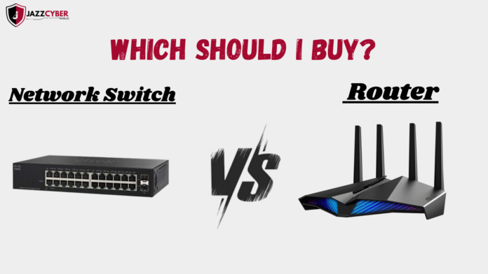 Side-by-side comparison of a switch and router showing key differences in a home and office network setup