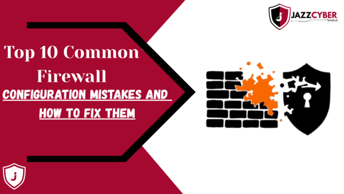 Illustration of a firewall with warning signs showing common configuration mistakes and fixes for secure networks