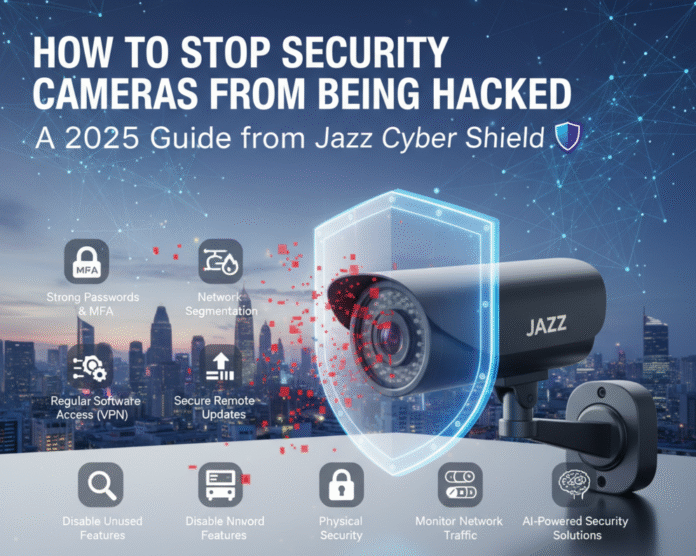 Guide on how to stop security cameras from being hacked in 2025 by Jazz Cyber Shield, featuring strong passwords, VPN, AI-powered security solutions, and network protection.