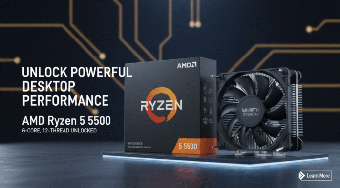 AMD Ryzen 5 5500 CPU and Wraith Stealth cooler with the processor's box on a circuit board background.