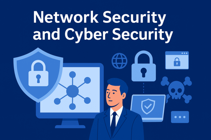Illustration showing network security and cyber security with shield, lock, laptop, and IT professional