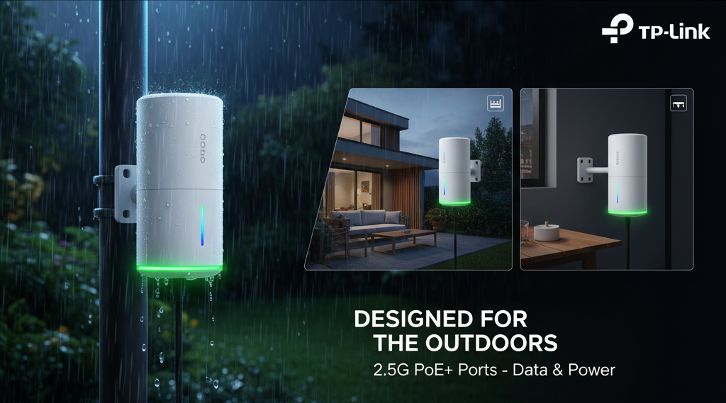 A triptych showing the TP-Link Deco BE65-Outdoor extender in different settings. The main image shows the device in the rain, highlighting its IP65 waterproof rating. Two smaller inset images show it mounted on a wall and placed on a tabletop.