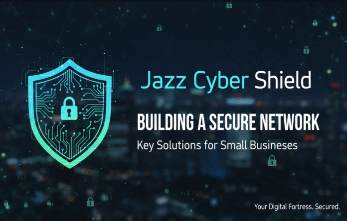 Elegant banner for a Jazz Cyber Shield blog post titled 'Building a Secure Network.' The brand's logo is on the left, set against a dark, abstract digital network background with a faint city skyline.