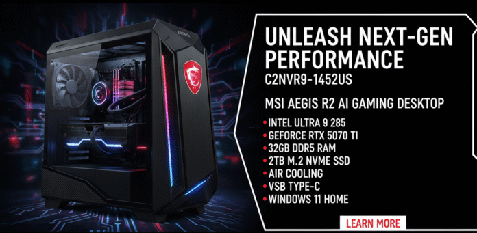 A sleek, black MSI Aegis R2 AI Gaming Desktop with vibrant RGB lighting on the front panel and interior, showcasing its components. To the right, a white text box lists key specifications: 