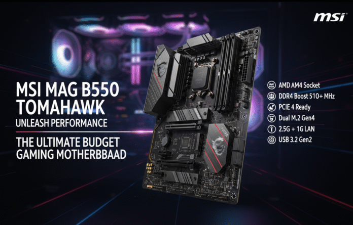 MSI MAG B550 TOMAHAWK gaming motherboard with key features listed, showing compatibility with AMD AM4, PCIe 4.0, DDR4 Boost, Dual M.2, 2.5G + 1G LAN, and USB 3.2 Gen2.