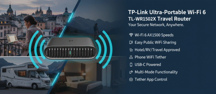 TP-Link TL-WR1502X Wi-Fi 6 Travel Router with features listed, set against a backdrop of travel scenes including a person using a laptop on a balcony, an RV, and a hotel room, symbolizing secure and fast connectivity anywhere.