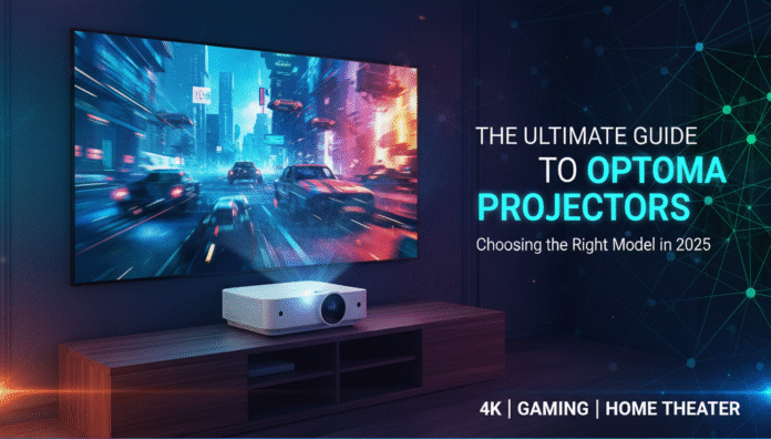 Optoma projector displaying a vibrant city scene in a modern home theater setup.