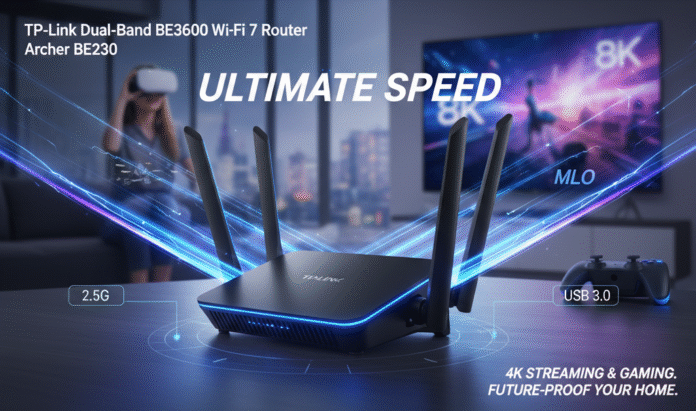 TP-Link Archer BE230 Wi-Fi 7 Router with glowing blue lights, showcasing 