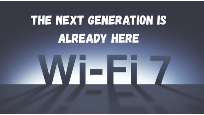 Wi-Fi 7 wireless networking router transmitting data across 2.4 GHz, 5 GHz and 6 GHz bands simultaneously