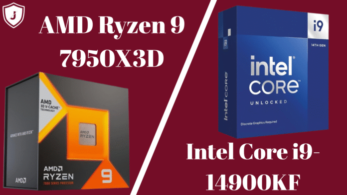 AMD Ryzen 9 7950X3D vs Intel Core i9-14900KF comparison chart showing gaming and productivity performance crown 2025.