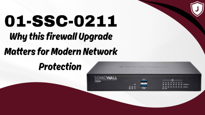 Illustration of network firewall upgrade with SonicWall 01-SSC-0211 device improving modern cybersecurity, by Jazz Cyber Shield