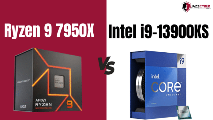 AMD Ryzen 9 7950X and Intel i9-13900KS processors side by side in a high-performance CPU comparison for power users.