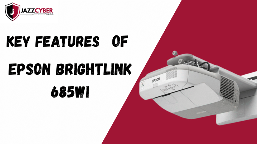 Close-up of Epson BrightLink 685Wi projector highlighting ports, control buttons, and ultra-short throw lens