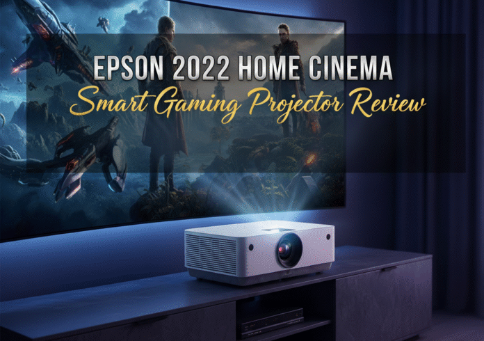Epson 2022 Home Cinema Smart Gaming Projector displaying vibrant 4K visuals for movies and gaming setup