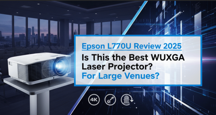 Epson L770U WUXGA laser projector for large venues with 7,000 lumens brightness and flexible installation options.