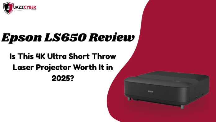 Epson LS650 Ultra Short Throw 4K Laser Projector setup on living room console displaying a 120-inch screen