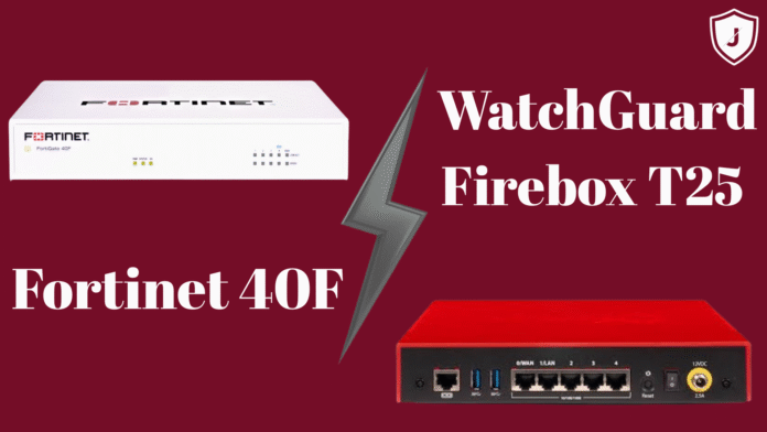 Comparison of Fortinet 40F and WatchGuard Firebox T25 firewalls showing network security performance and value in 2025