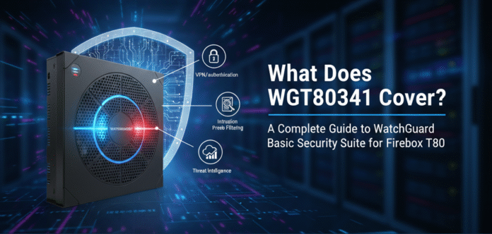 WatchGuard Firebox T80 device with WGT80341 Basic Security Suite — advanced network protection, firewall security, and threat prevention for businesses.