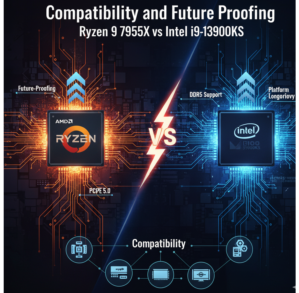 AMD Ryzen 9 7950X and Intel i9-13900KS CPUs showing motherboard compatibility and platform future-proofing features.
