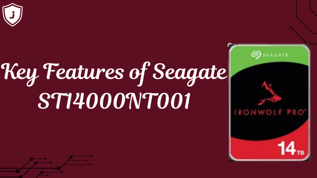 Close-up image of the Seagate ST14000NT001 14TB IronWolf Pro NAS hard drive highlighting design and key specifications
