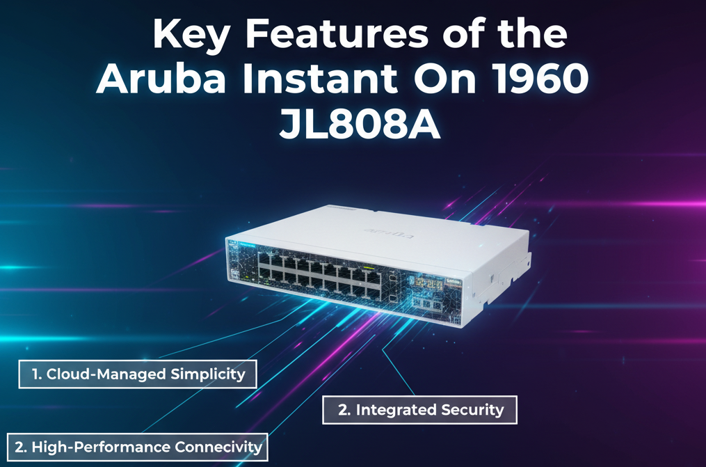 Close-up of Aruba Instant On 1960 JL808A Smart Switch showing 48 Gigabit Ethernet ports and 10G uplinks