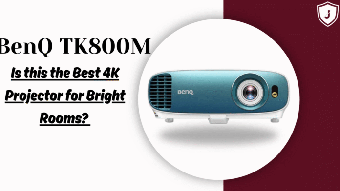 BenQ TK800M 4K UHD projector displaying vibrant colors in a bright living room with HDR and 3000 lumens brightness
