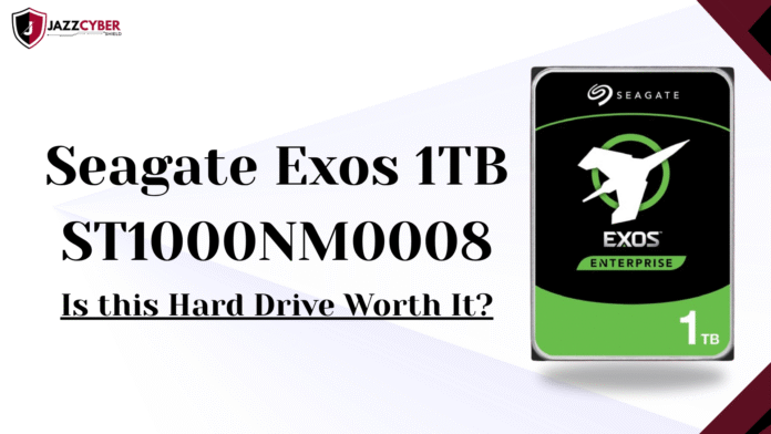 Seagate Exos 1TB ST1000NM0008 hard drive on a desktop showcasing enterprise-grade storage performance.