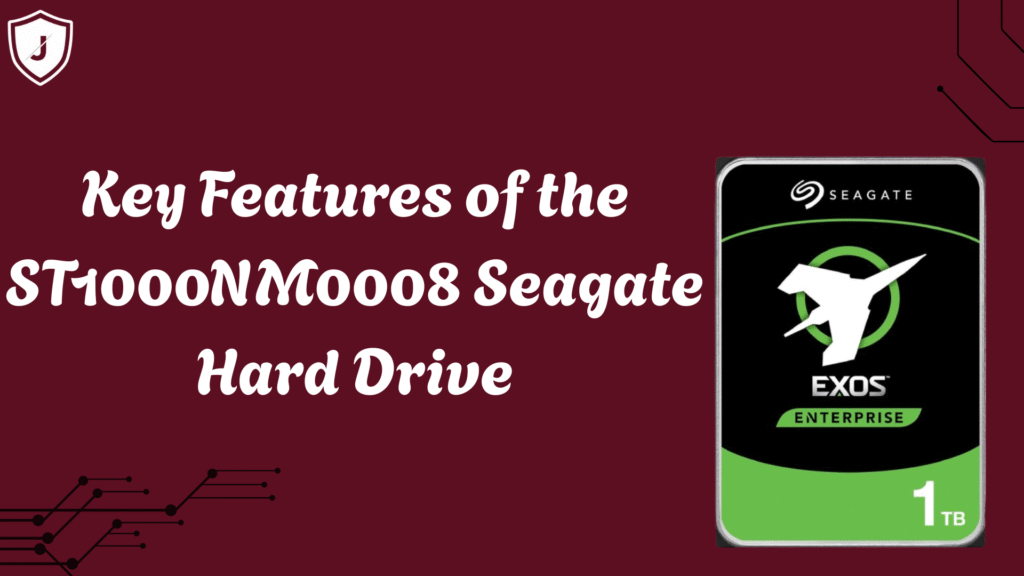 Close-up of Seagate Exos ST1000NM0008 hard drive showing ports, design, and key hardware features.