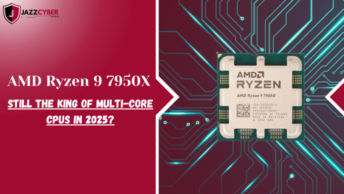 Ryzen 9 7950X Performance Test Benchmark 2025 AMD Ryzen 9 7950X CPU on test bench showing multi-core performance results in 2025 performance review.