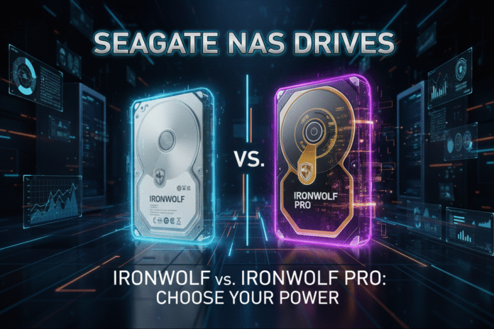 Seagate IronWolf vs. IronWolf Pro NAS hard drives comparison banner with futuristic design.